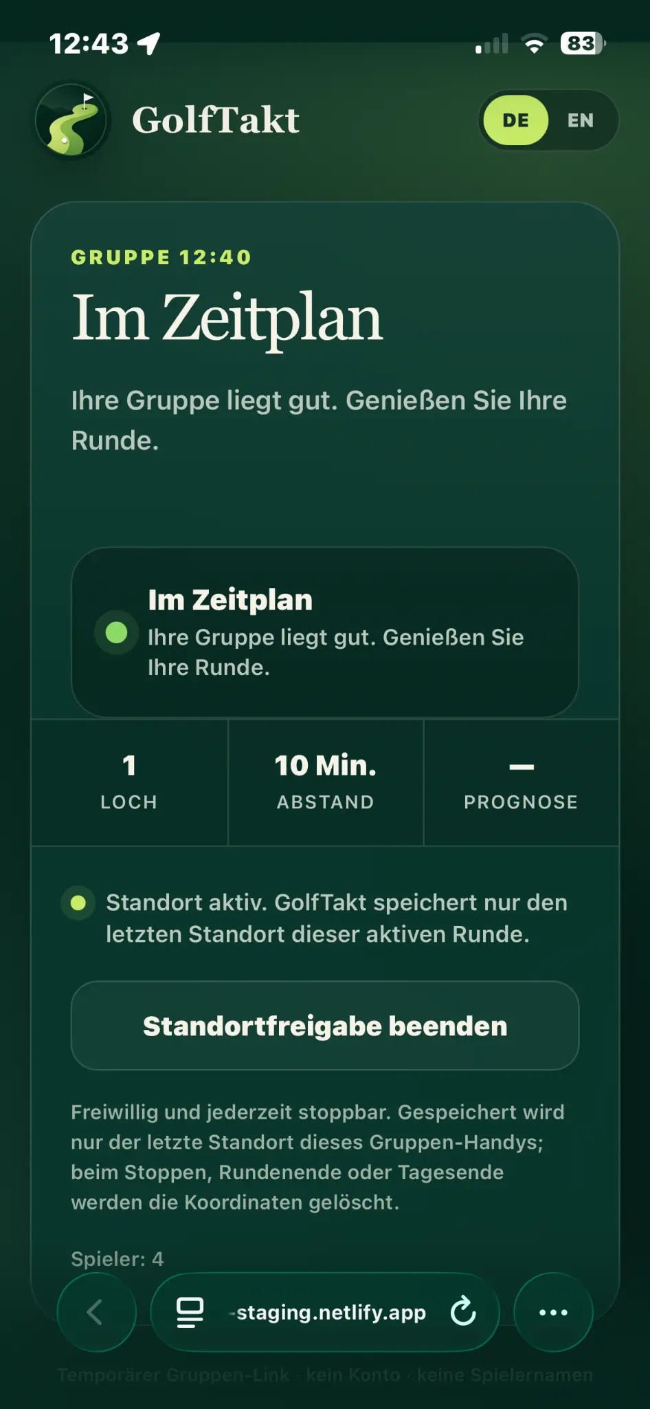 GolfTakt Spieleransicht auf Deutsch mit aktivem Standort, Loch, Abstand und aktuellem Tempo-Status